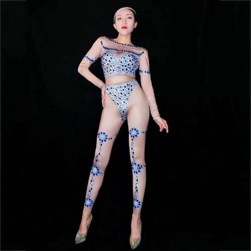 Sparkly Blue Rhinestones Stretch Spandex Jumpsuit Women Birthday Party Dancing Bodysuit Celebrate DJ Adult Singer Clothes DT1035