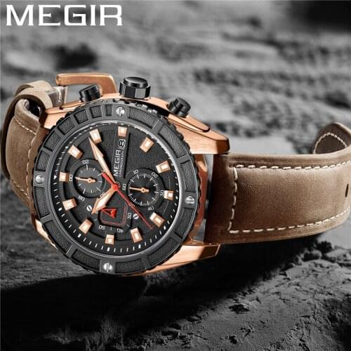 MEGIR Watch Men Chronograph Military Male Clock Top Brand Luxury Gold Genuine Leather Fashion Classic Man Sport Wristwatch 2119