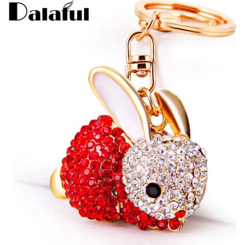 Dalaful Lovely Rabbit Full Crystal Keychains Keyrings Key Chains Purse Bag Pendant For Car Women llaveros Lindo Chaveiro K251