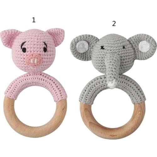 Baby Beech Wooden Cartoon pig elephant Teether Ring DIY Crochet Rattle Bracelet Soother Infants Teething Chewing Molar Toy