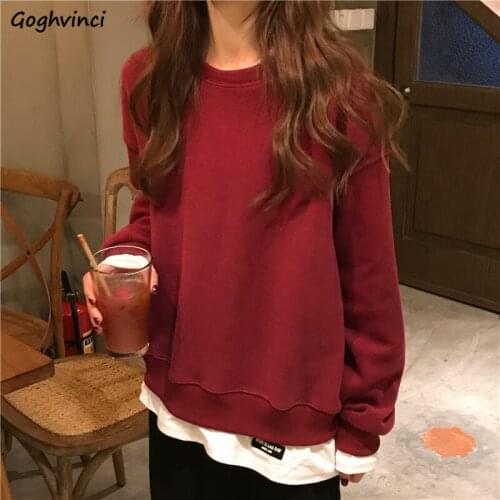 Women No Hat Hoodies Simple Solid Loose Retro Fake Two Piece Patchwork Sweatshirts O-neck Casual All-match Pullovers Trendy Chic