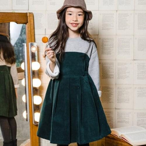 4 to 16 years kids & teenage girls winter fleece corduroy flare dress kids girls fashion casual color block dresses clothes