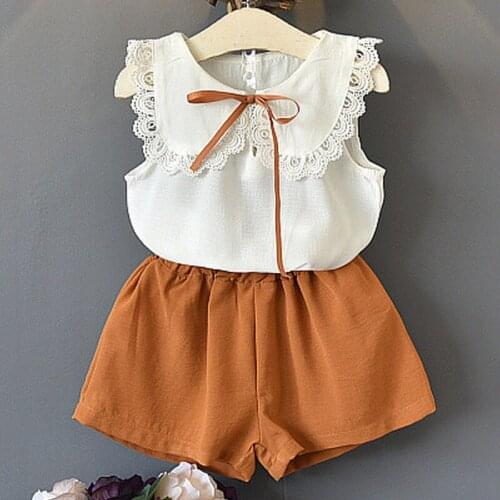 Girls Sets 2020 Summer New Kids Clothing Girls Solid Color Doll Lace Led Short-Sleeved Shirt + Shorts Two-Piece Suit