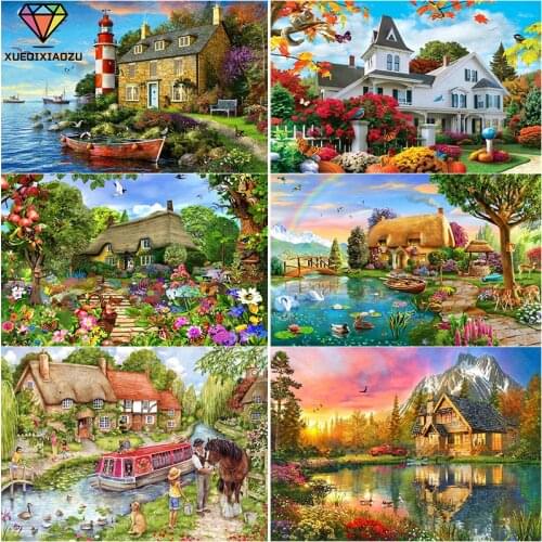 XUEQIXIAOZU Full Round House cartoon landscape Diamond drawing Diamond embroidery 5D DIY Diamond setting Home decoration gifts