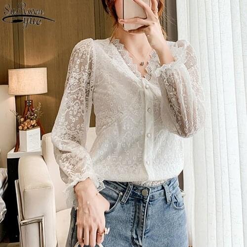 Fashion V-Neck Lace Shirts New Crochet Flower Elegant White Blouse Women 2021 Autumn Vintage Long Sleeve Button Top Blusas 11907