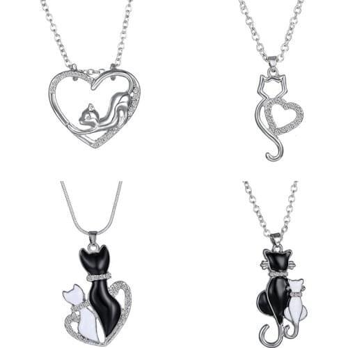 Rinhoo 5 Styles Couple Cats Pendant Women Necklace Black White Enamel Rhinestone Heart Girlfriend Lovers Jewelry Gifts Fashion
