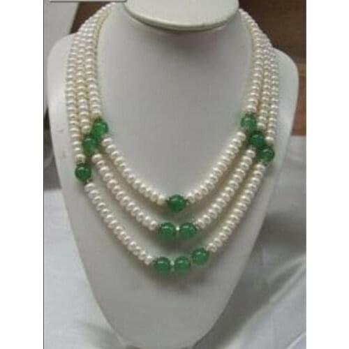 Charming !3 Row 7-8mm white pearl green jade necklace