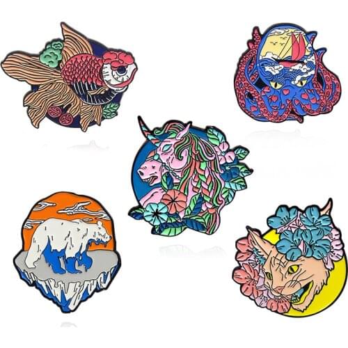 Custom Brooch fish octopus horse The bear cat Lovely animals Lapel Pin Flower leaf iceberg love Creative Badge