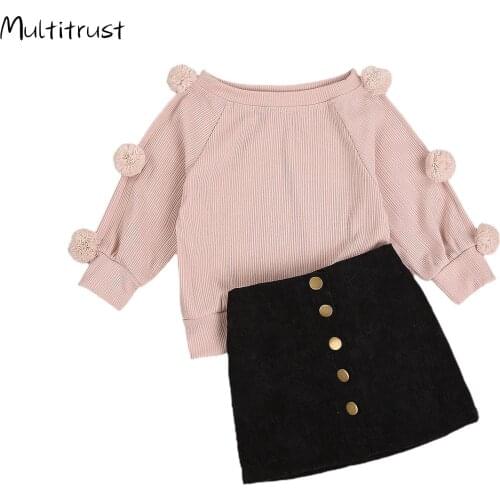 2020 Autumn Fashion Kids Girls Clothes Sets 2pcs Knit Solid Balls Long Sleeve Pullover Sweater Tops A-Line Button Skirts