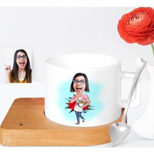 Personalized Housewife Cartoon Wooden Altlıklı Ceramic Cup-3