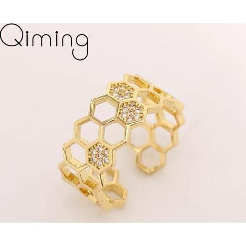 Hollow Beehive Honeycomb Women Rings Gold Metal Fashion Jewelry Crystal Micro Paved Bohemia Korean Cute Ring Bague