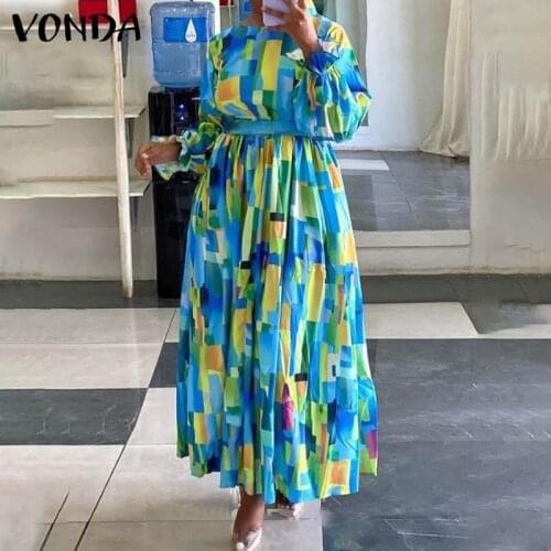 Holiday Maxi Dress 2021 VONDA Women Vintage Print Long Maxi Dress Beach Office Belt Pleated Long Sleeve Party Vestido