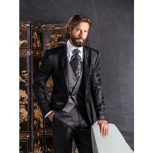 ANNIEBRITNEY 3 Piece Slim Fit Black Men Formal Satin Suit Custom Groom Wedding Men Suit Satin Prom Wedding Men High End Suit Set