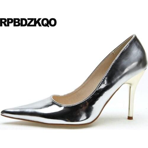 Size 33 Pumps Dress 2017 Chic Ladies Metallic Small Pointed Toe Catwalk Patent Leather Metal Stiletto Prom Thin Heels 4 34