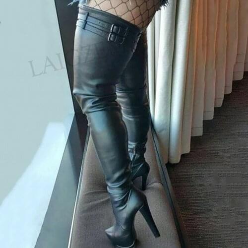 DOBANER Women Thigh High Platform Boots Chunkyh Heels Shoes Woman Over Knee Side Zip Boots Faux Leather Plus Size 44 47 50 52