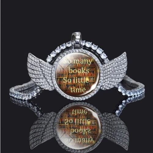 So Many Book So Little Time Inspirational Quote Necklace Angel Wings Rhinestone Pendant Necklace Book Lover Gift 2HXG