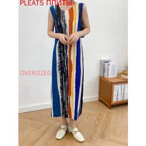 Spring Summer Miyake Folds Color Vertical Stripes Sleeveless Round Neck Dress A-line PLEATS Shein Vestido De Mujer Robes Robe