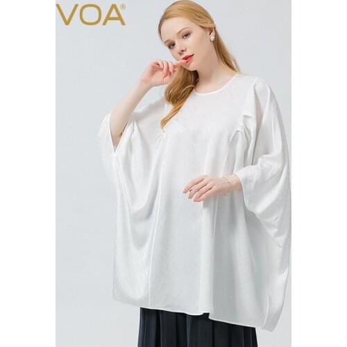 VOA Silk Jacquard Ivory White Tops Round Neck One Button Pullover Fold Wide Breathable Literary Fashion Bat Sleeve T-shirt BE726