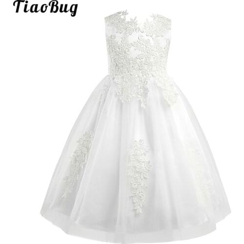 Girls Sleeveless Water-Soluble Lace Flower Girl Dress Princess Pageant Wedding Bridesmaid Birthday Party Dress