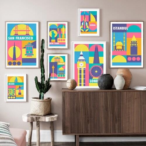 World Famous Landmark Building Wall Art Cartoon City Canvas Painting Colorful Posters and Prints Pictures for Living Room Decor