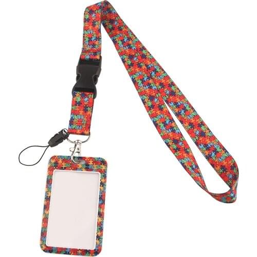 YA136 Autism Puzzle Office Card Sets ID Badge Case Clear Bank Credit Card Badge Holder Lanyards Keychain