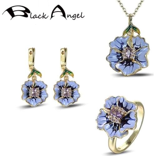 BLACK ANGEL 18K Gold Jewelry Set Purple Enamel Sunflower Amethyst Ring Necklace Clip Earrings For Women Wedding Dropshipping