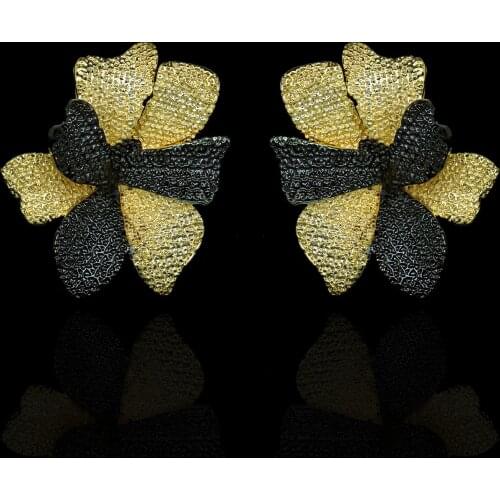 Retro Exaggerated Black Gold Jewelry Two-tone 925 Silver Flower Earrings Womens Party Jewelry Earrings