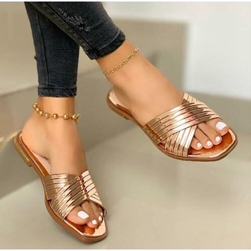 Ladies Slippers Beach Summer Shoes 2020 New Women Slip on Bling Gold Flat Slides Outdoor Shoes Female Casual Sandals Plus Size