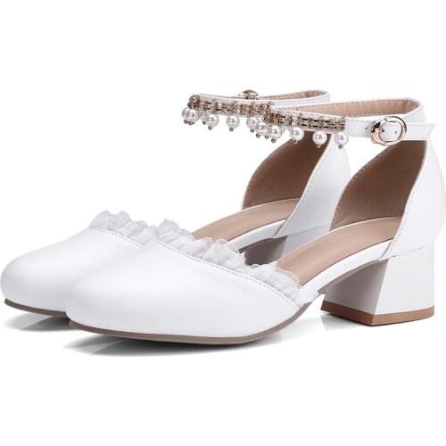 AGODOR Block Heel Pumps Buckle Ankle Strap Women Shoes Spring Summer Round Toe Pearl Mid Heels Wedding Shoes Woman White