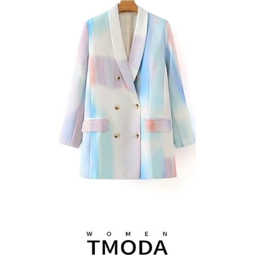TMODA409 Women Contrast Color Double Breasted Blazer New Lapel Long Sleeve Loose Fit Jacket Fashion Tide Spring Autumn 2021