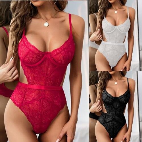 S-XL Women Erotic Lingerie One Piece Tulle Lace Hollow Babydoll Underwear V-Neck Steel Ring Tights Erotic Pajamas Set Lenceria