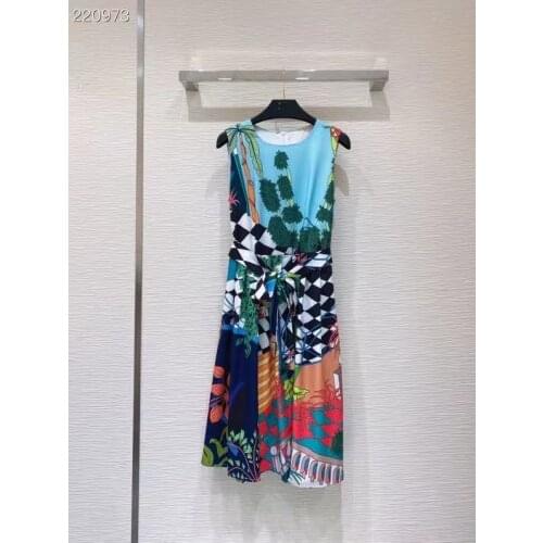 New 2021 Summer Fashion Runway Elegant Midi Dress Women O-Neck Floral Printed Belt Sleeveless Dress Vestidos