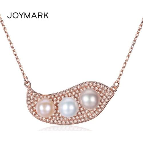 Rose Gold Color Pea Style Cubic Zirconia Freshwater Pearl Pendant Necklaces Exquisite S925 Sterling Silver Jewelry JPN314