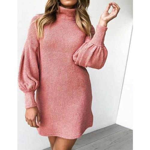 Dress Women Autumn Winter Dress Casual Women Turtleneck Long Puff Sleeve Knitted Dress Vestidos De Fiesta Fe Noche
