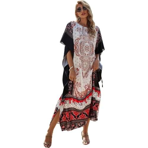 Oversized Womens Summer Long maxi Dress Boho Floral Vintage Loose Dress Ankle Length Batwing Sleeve o Neck Female Vestidos
