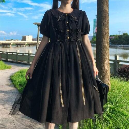 Japanese Sweet Doll Collar Vintage Bow Stitching Dark High Waist Mesh Fluffy Dress Women Summer victorian gothic lolita dress