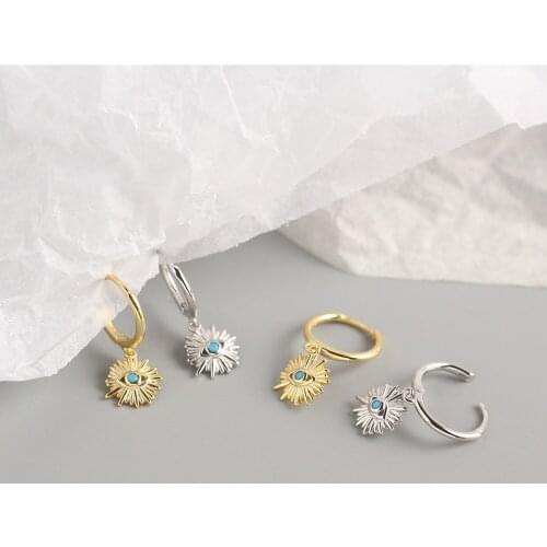 1pair 8.5mm*21mm 100% 925 Sterling silver Blue Turquoise Eye Evil Devil Hoop Huggie Earrings Wild jEWELRY tle997