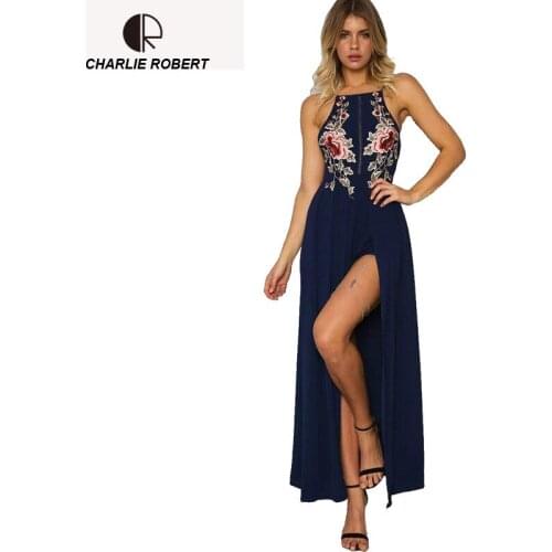 2017 Sexy Club Summer Dresses Long Dress Halter Embroidered Rose Backless Dress Drop Shipping