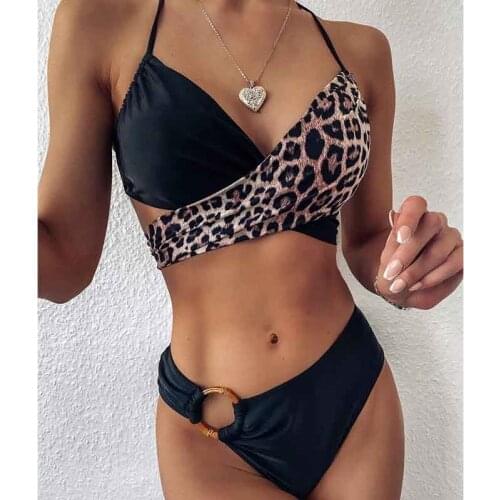 2021 High Waist Swimsuits Personality Bandage Cross Bikini Leopard Patchwork Top With Ring Decorated Thong Split Swimwear Lady