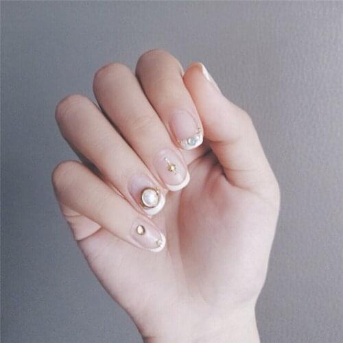 24pcs Pink Nude White French Fake Nails Gold Plated Pearl Decoration Long Silver Mirror Nail Tips Press On False Nails Manicure