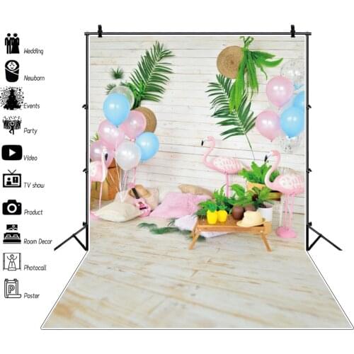 Laeacco Tropical Flamingo Birthday Party Balloons Gray Wooden Floor Baby Child Portrait Photo Background Photography Backdrops