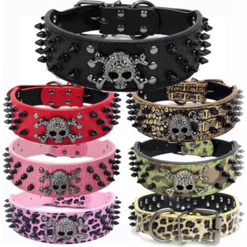 2" Wide Spiked Studded Leather Dog Collar Bullet Rivets With Cool Skull Pet Accessories For Meduim Large Dogs Pitbull Boxer XS-L