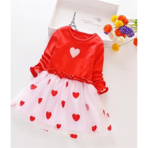 Lace Autumn Dress Children Girls Long Sleeve Love Print Dress O-neck Ruffled Princess Dress