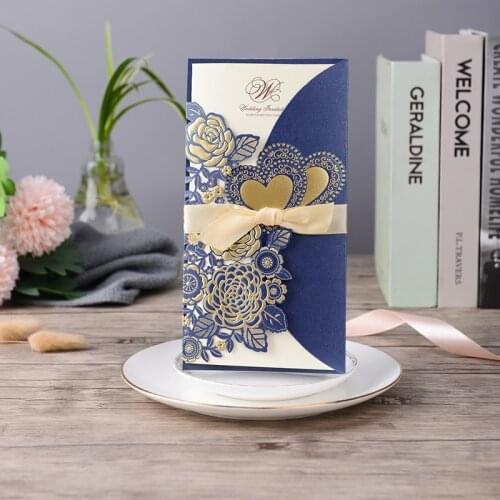1pcs Blue Laser Cut Wedding Invitations Card Lace Rose Heart Greeting Cards Customize with Ribbon Wedding Party Favor Decoration