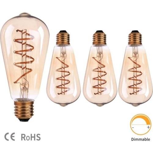 5pcs amber ST64 soft filament lamp Bulbs 110-130V 220-240V E26 E27 Dimmable 2200K bending Flexible filament