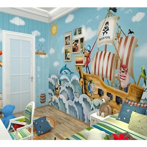 Wholesale Boat Jack Sparrow Mural Pirate 3d Cartoon Self Adhesive Wallpaper for Baby Children Kids Room Wall Murals Waterproof