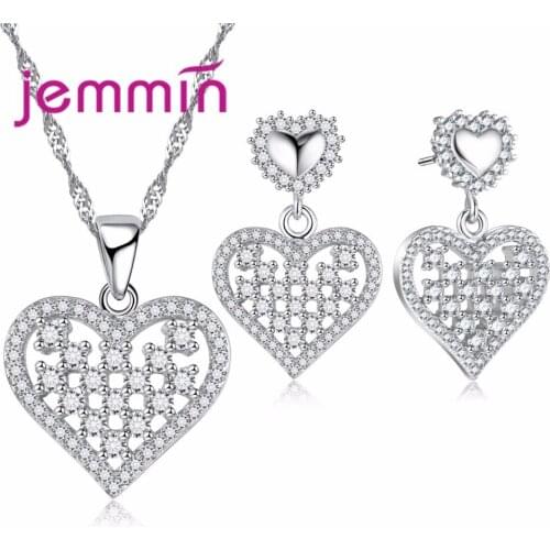 Genuine 925 Sterling Silver Jewelry Set Heart Necklace Earrings Sets 925 Sterling Silver Hollow Heart Jewelry Accessories