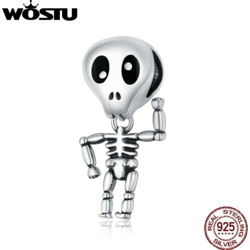 Wostu Genuine 925 Sterling Silver Halloween Skull Man CZ Charm for Original Luxury Brand Female DIY Jewelry Make SCC1605
