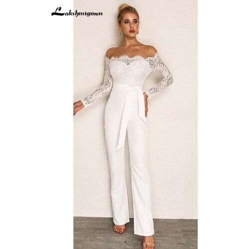 Simple White Lace Jumpsuits Wedding Dresses Long Sleeves Pant Suit Off Shoulder Party Bridal Gowns trouwjurk gelinlik