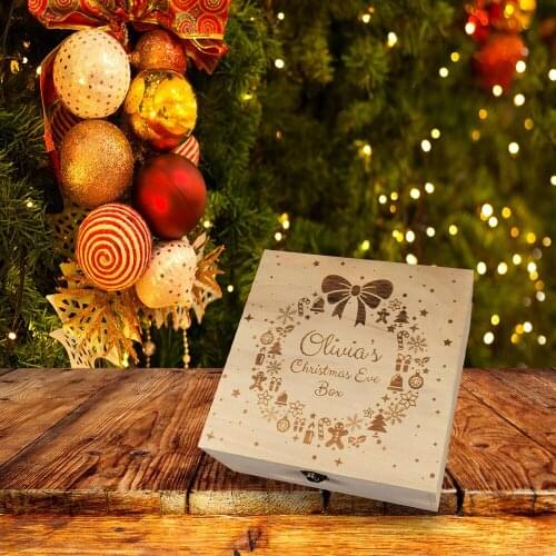 Christmas Wooden Gift Box Case Exquisite Xmas Tree Bows Carving Apples Box Holiday Christmas Eve Storage Box for Kids Adults New